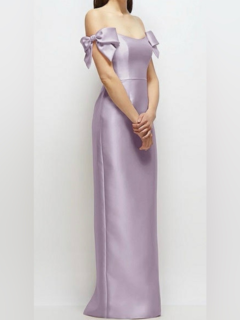 Alfred Sung Abby Style D883 Satin Twill Lilac Haze with shoulder bows 4